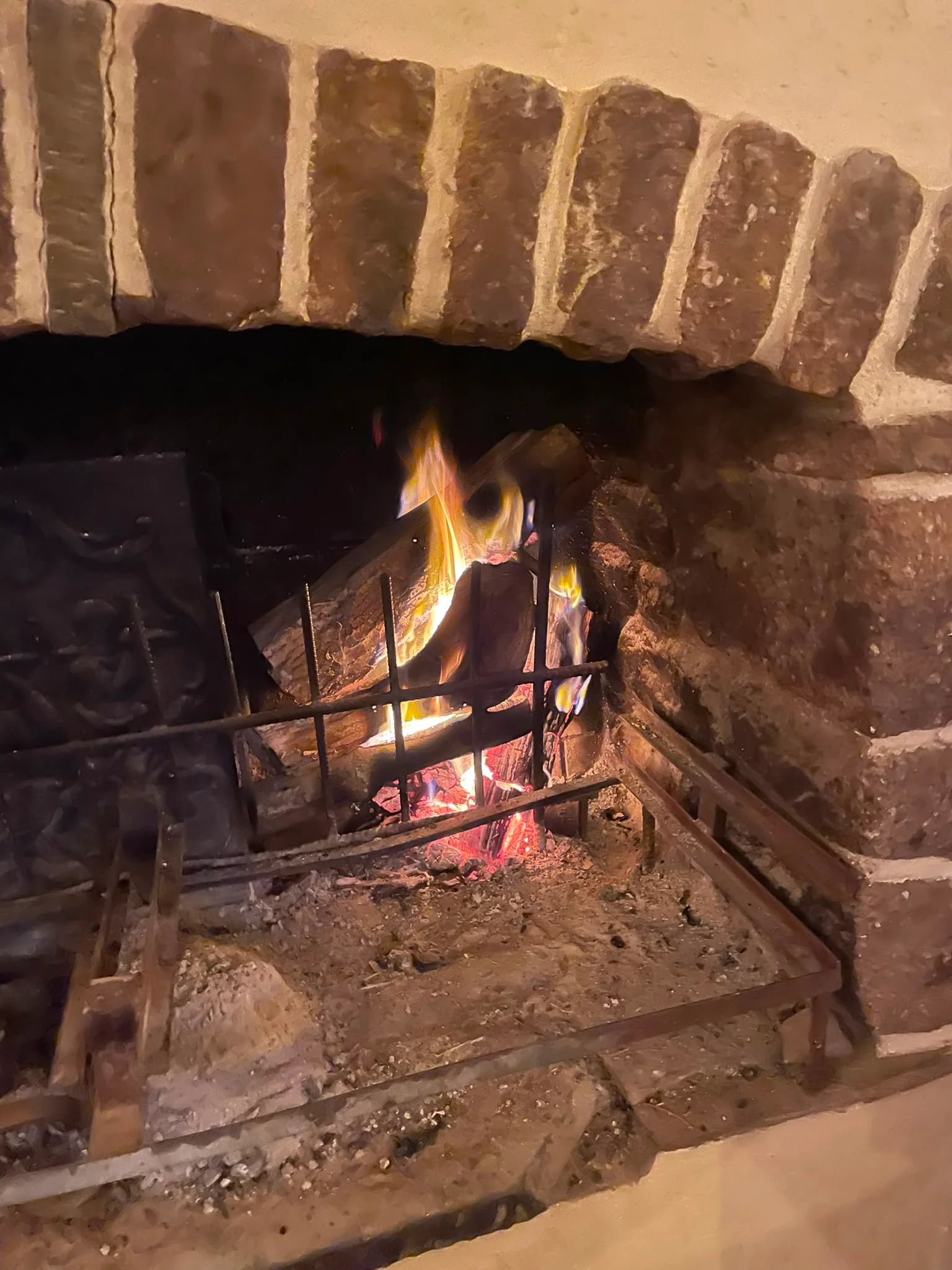 Feu de bois dans la cheminée en pierre du Krill, avec la grille de cuisson